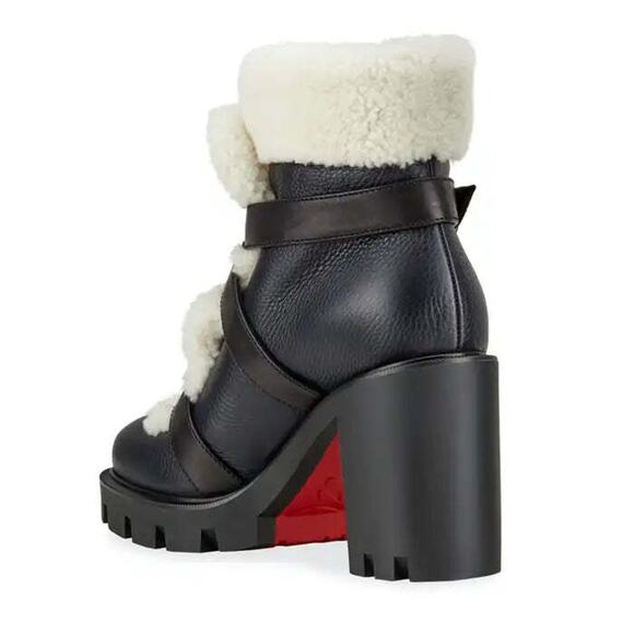 Christian Louboutin Pole Chic 70 Black Leather Shearling Heel Combat Boot 40 - Picture 7 of 9